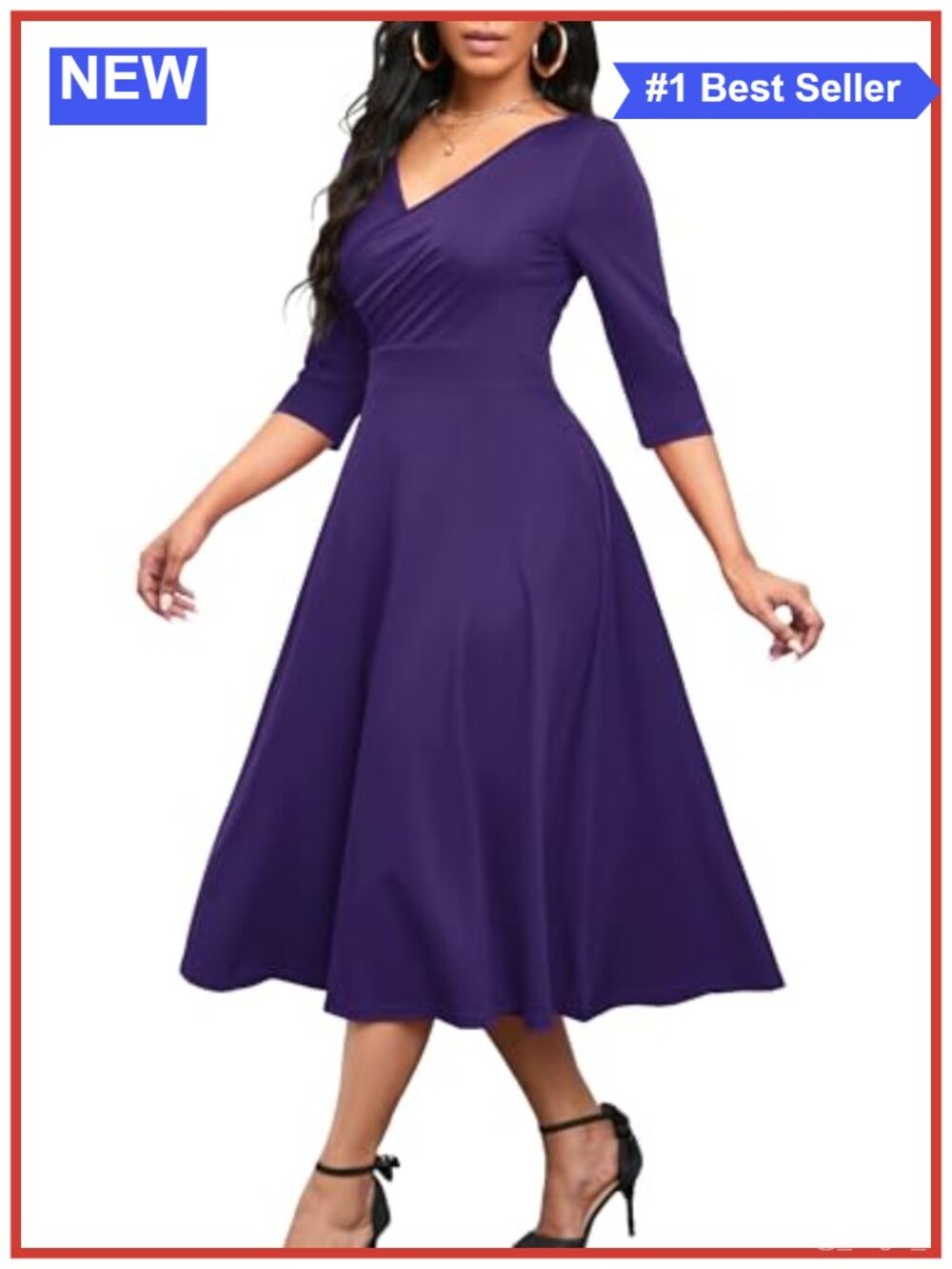 Womens Midi Dress 3/4 Sleeve V Neck A-Line with Pockets Cocktail